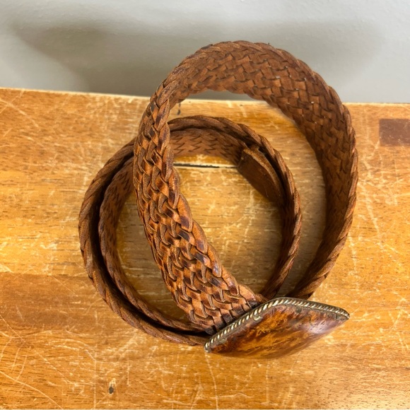 Vintage Leather Woven Brown Belt Wooden Brass Buckle Morocco 34/36 Size Western - Picture 2 of 10